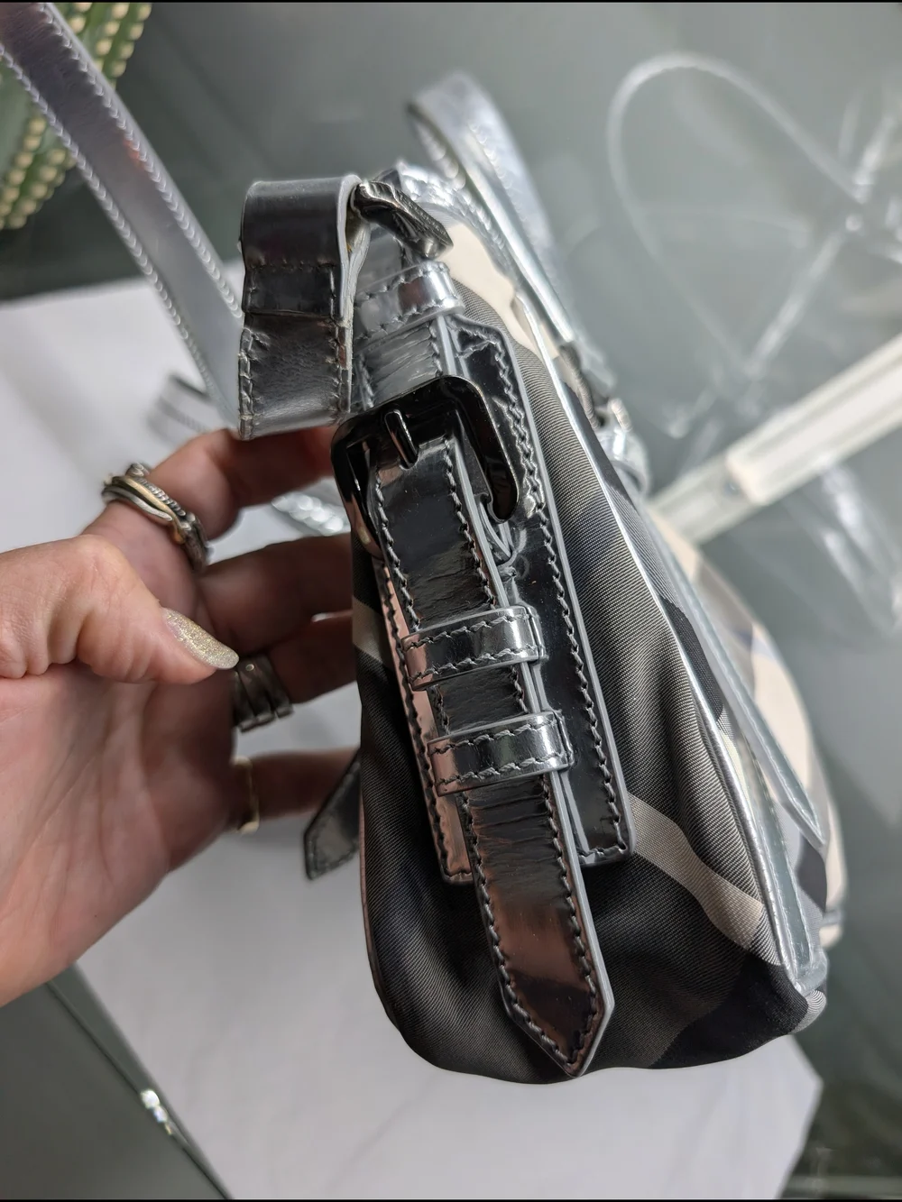 Burberry Black & Silver Plaid Tote Handbag